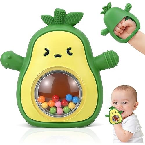Baby Teething Toys 3-6 6-12 Months, Avocado Baby Teething Mitten with Rattle, BPA Free Silicone Infants Teether Sensory Chew Toys for Newborns, Baby Shower Gifts for Boys Girls