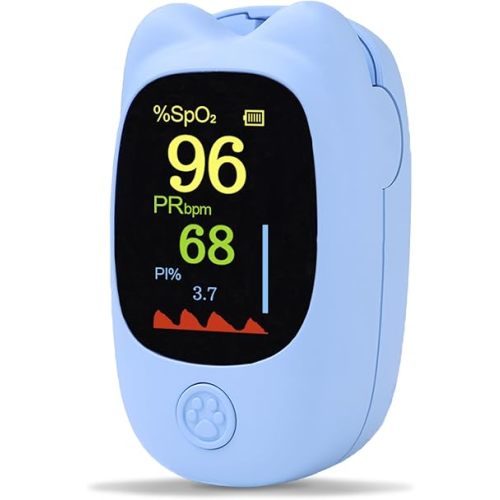 Cute 4 color Pediatric Pulse oximeter fingertip. Rechargeable pulse oximeter for kids. Portable Child oxygen monitor fingertip. O2 Saturation Monitor withType-C, bag & lanyard (Not for Newborn/Infant)