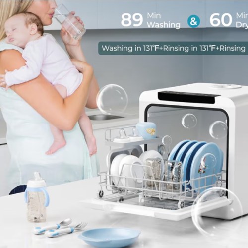 EUHOMY Countertop Bottle Washer with 6 Programs, 5L Built-in Water Tank for Apartments, 167℉ High-Temp, No Hookup Needed, Mini Dishwasher with Baby Care, Air Dry/Quick/ECO/Fruit/Normal, White