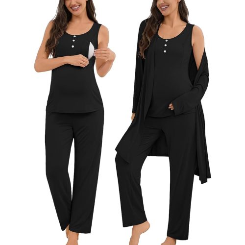 SWOMOG Maternity Nursing Robe Set 3 Piece Women Postpartum Pajamas Breastfeeding 3 in 1 Labor Delivery Zipper Pregnancy Pjs