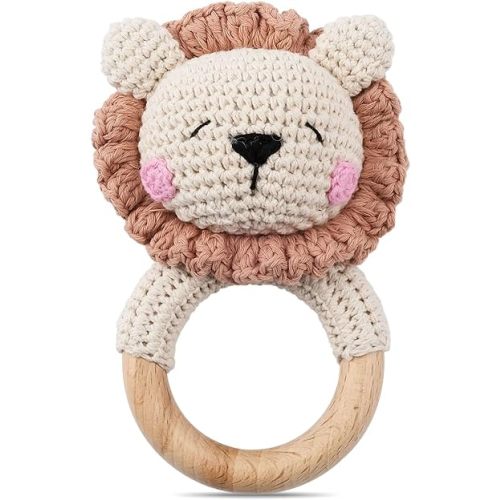 Wooden Baby Rattle,Crochet Lion Rattle with Wood Ring, Newborn Wooden Animal Rattle Toy,Infant Lion Wood Rattle Toys
