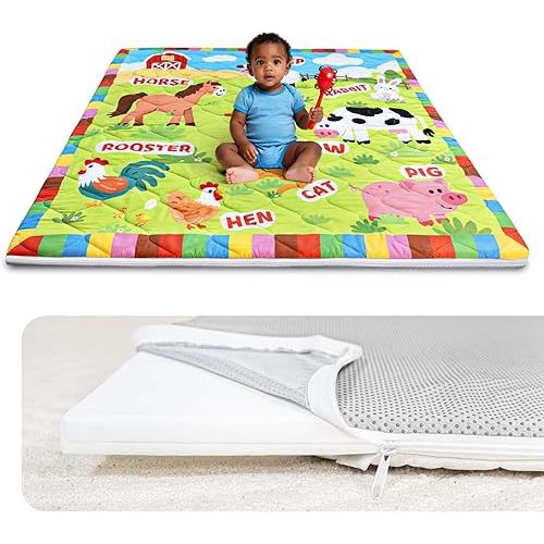 Foam Baby Play Mat 50x50, Removable and Machine Washable Cover, Thicken Cushioning Playmat and Perfect for Playpen, Non-Slip Bottom, Easy to Clean for Infants, Toddlers & Babies(Farm)