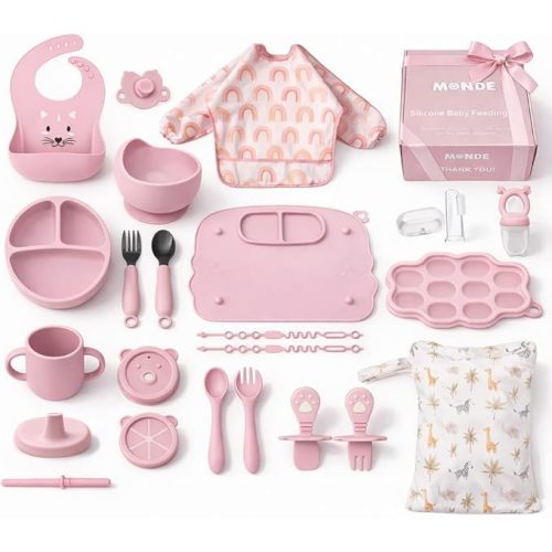 MONDE 25PCS Ultimate Silicone Baby Feeding Set, Complete Mealtime Baby-Led Weaning Essentials From Infant To Toddler, Bib, Smock, Sippy Cup, Dry Wet Bag, Placemat, Perfect Premium Gift Set (Beige)