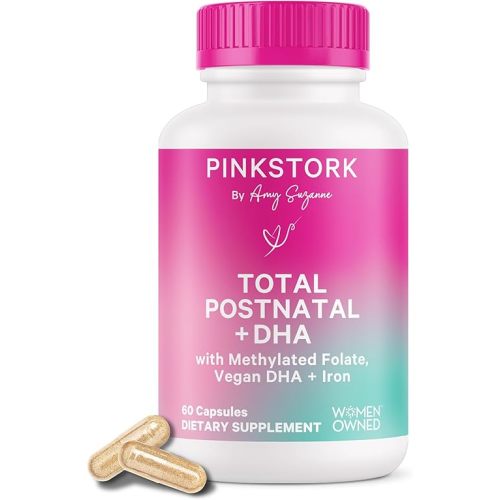 Pink Stork Total Postnatal Vitamins for Women with Vegan DHA, Iron, Folate, and Vitamin B12, Postpartum Recovery Essentials, Daily Supplement for Breastfeeding Moms - 1 Month Supply