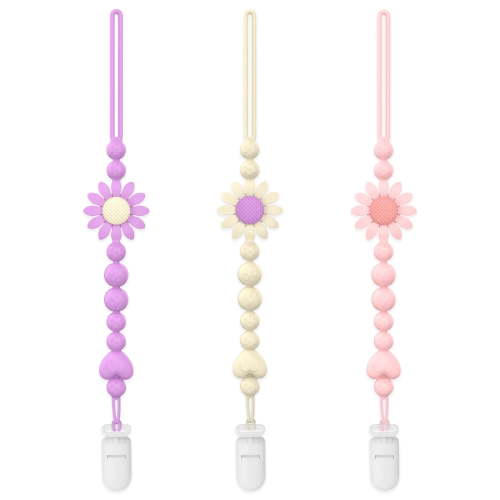 Baby Pacifier Clips One Piece Binky Clip Holder Silicone Teether Clip Pacifier Straps with Clip Baby Teether Toys for Boys and Girls Set of 3 right pink+apricot + purple