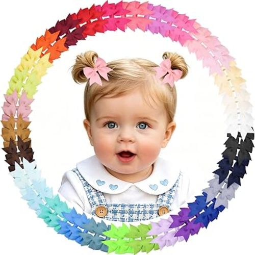 Oaoleer 60pcs Baby Hair Clips, 2" Small Baby Girls Fully Lined Hair Bows Hair Pins Tiny Hair Bows Alligator Clips for Baby Girls Infants Toddlers in Pairs (Type B-60pcs)