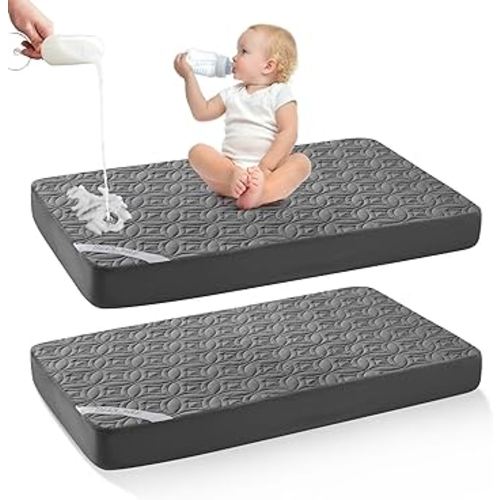 Waterproof Crib Mattress Protector 2 Pack, Soft and Breathable Crib Mattress Pad Cover, Noiseless Machine Washable Toddler Mattress Protector for Standard Baby Toddler Bed (52''x28'',Gray)