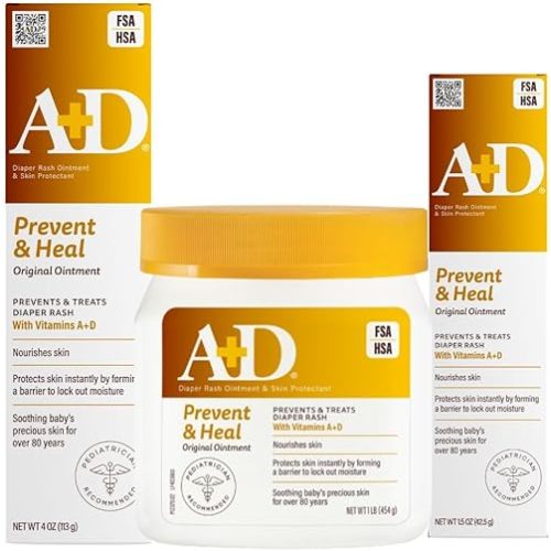 A+D Original Diaper Rash Ointment, Prevents & Heals Diaper Rash, Moisturizes & Heals Dry Skin With Vitamins A & D, Home & Go Bundle - 16 oz jar, 4 oz tube, 1.5 oz tube
