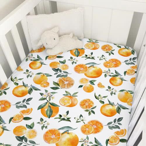 Watercolor Oranges Baby Crib Sheet 52''x28'' Retro Orange Floral Leaves Stretchy Fitted Crib Mattress Cover for Boy Girl Boho Summer Fruits Soft Bed Sheets for Standard Crib Toddler Mattress