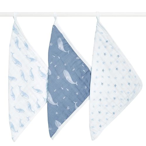 aden + anais Organic Oversized Washcloth 3-Pack, Super Soft 100% Organic Cotton Muslin, Gentle on Skin, 3 Absorbent 12x12 Layers, Softer with Every Use, Perfect for Babies, Infants, Toddlers, Oceanic