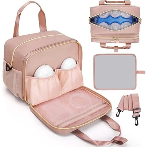Wearable Breast Pump Bag, Breast Milk Cooler Bags with Insulated Compartment, Pumping Bag Compatible with Momcozy, Medela and Elvie Pumps, Pump Carrying Case for Work Travel Camping, Pink