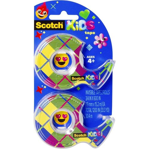 Scotch Kids Tape Dispenser, Invisible, Kid Approved No Mess Fun, 2 Tape Rolls with Dispensers, 3/4 in x 600 in