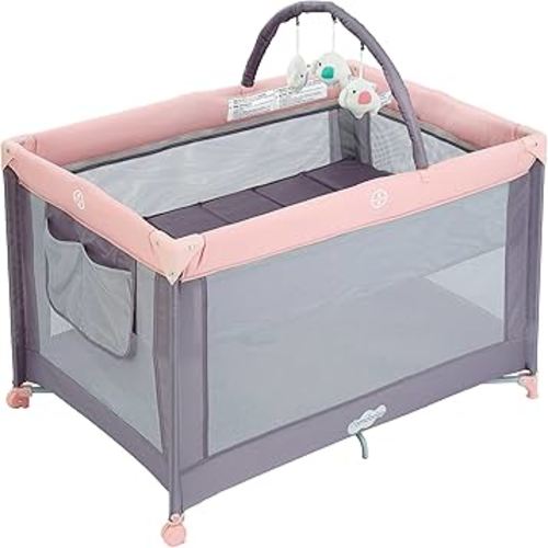 Pamo Babe Portable Playard with Mat Pad and Toy Bar Pink Play Yard for Baby