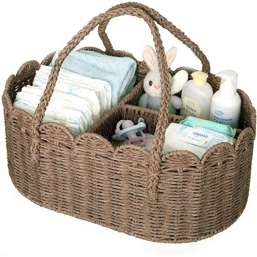 Diaper Caddy Organizer, Paper Rope Storage Baskets Nursery Bin with Removable Divider, Portable Car Organizer for Diapers, Baby Shower Gifts, Newborn Essentials Must Haves (Brown)