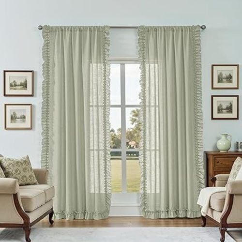 Light Sage Green Ruffle Curtains for Living Room 47 x 84 Inch, 2 Panels