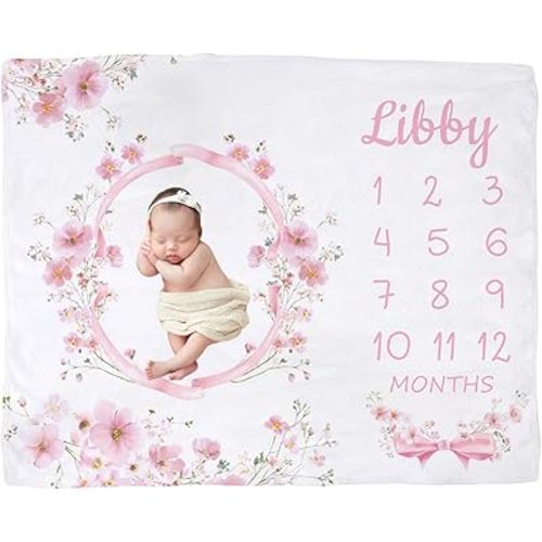 Custom Name Baby Milestone Blanket for Girls – Pink Bow and Floral Monthly Photo Prop, Personalized Flannel Newborn Blanket, Gift for Baby Girls