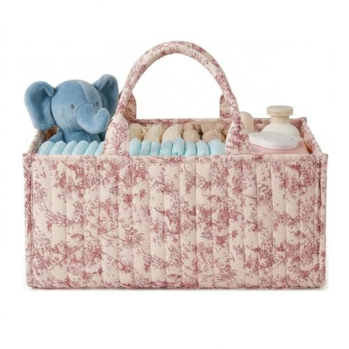 Quilted Fabric Storage Basket Floral Baby Diaper Caddy Quilted Basket Organizer for Newborn Nursery Bedroom Car Storage