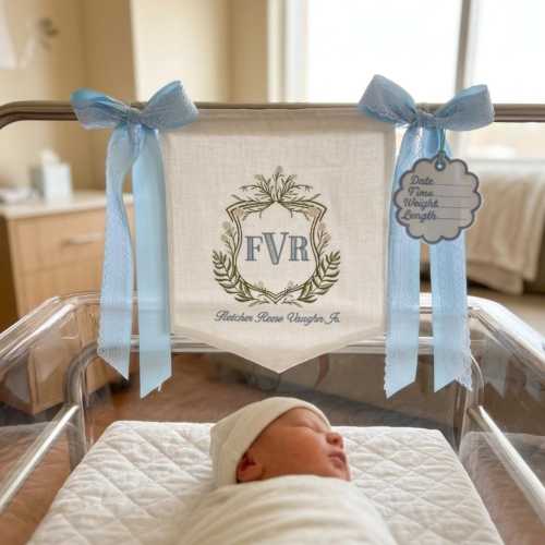 Personalized Baby Boy Hospital Banner, Embroidered Monogram Bassinet Sign, Birth Stats Tag, Custom Nursery Name Banner