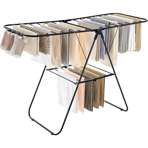 SONGMICS Clothes Drying Rack, with Sock Clips, Metal Laundry Rack, Foldable, Space-Saving, Free-Standing Airer, with 2 Height-Adjustable Gullwings, Indoor Outdoor Use, Black ULLR052B01