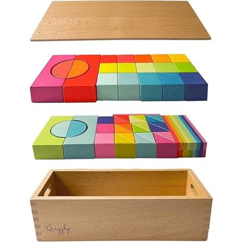 Quiggly Montessori Wooden Rainbow Building Blocks Set | 68-Piece Educational STEM Toy for Toddlers | Includes Storage Box with Carry Handles | Ideal for Ages 12-48+ Months (Wooden Storage Box)