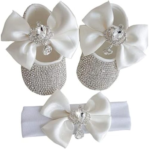 Surakey Newborn Girl Outfits Princess Shoes & Headband Crown Crystal Diamond Baby Infant Photography Props Bow Flat Shoes (11CM White)