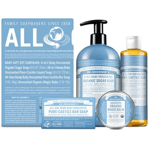 Dr. Bronner's Baby Unscented Gift Set - Pure-Castile Liquid and Bar Soaps, Organic Magic Balm, and 4-in-1 Organic Sugar Pump Soap