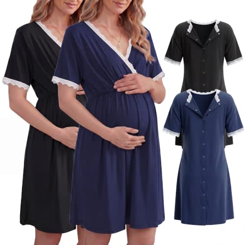 Cutecrop 2 Pack Labor and Delivery Gown for Hospital Maternity Nursing Button Back Gown Short Sleeve Breastfeeding Dress