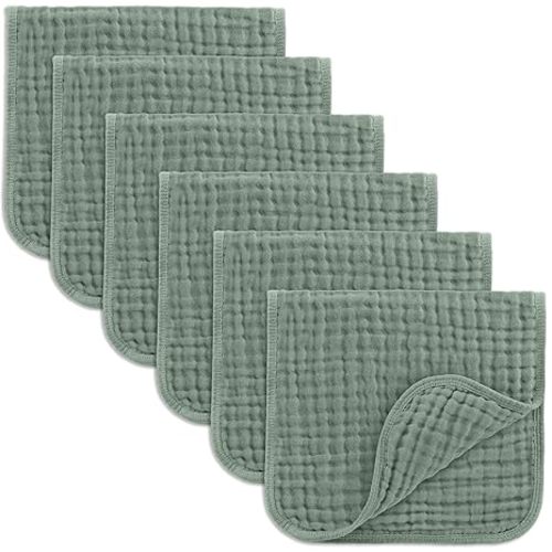 Comfy Cubs Muslin Burp Cloths 20" x 10", Pack of 6 - Large, 6-Layer, Ultra Absorbent 100% Cotton for Baby Drool and Messes - Soft, Safe & Gentle Baby Burp Cloths Set for Boys & Girls - Fern