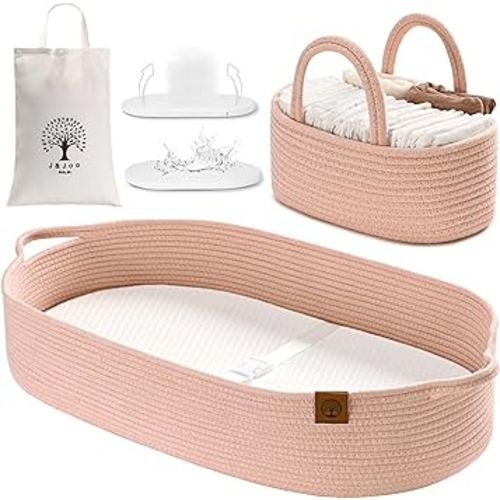 J&JOO Cesta cambiador de bebé incluye pañalera, transpirable e impermeable, de doble cubierta, portátil, cambiador para tocador y cambiador, regalo para baby shower (rosa coral, juego de pañales)