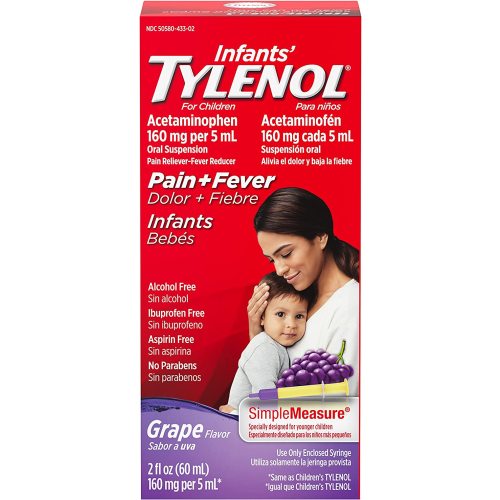 Tylenol Infants Oral Suspension Medicine with Acetaminophen, Baby Fever Reducer & Pain Reliever for Minor Aches & Pains, Sore Throat, Headache & Teething Pain, Grape Flavor, 2 fl. oz