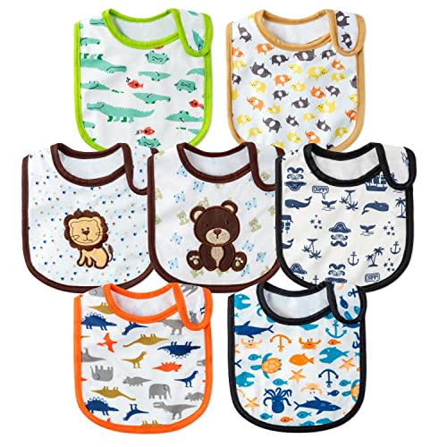 2ooya 7Pcs Cotton Waterproof Baby Bibs Hook Loop Closure Newborn Bib Keepsake Baby Gift for Drooling Feeding Eating