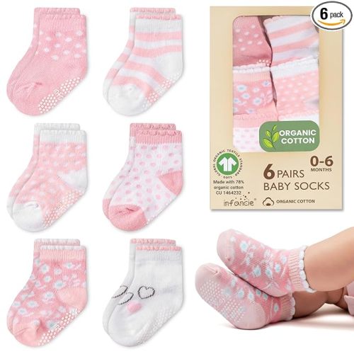 GOTS Certified Organic Cotton Baby Socks 6 Pairs For 0-6 (M) Newborn Girls Soft, Stretchable & Breathable Infant Socks, Cute Little Girls Socks, Baby Registry Essential, Pink