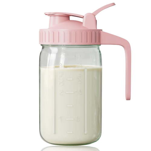 Breast Milk Pitcher Mason Jar 32 Oz Heavy Duty Wide Mouth With Pink Flip Cap Lid And Pour Spout Airtight Seal For Freshness Convenience Great Cold Beverages Home Entertaining