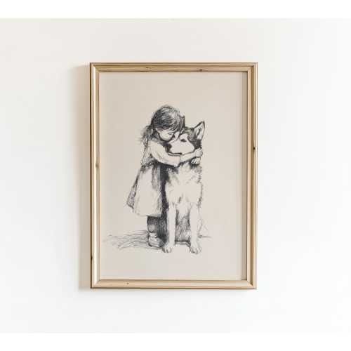 Girl and Husky Nursery Print: Vintage Dog Sketch (PRINTED AND SHIPPED)