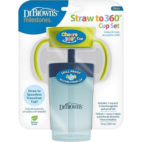 Dr. Brown's Milestones Straw to 360 Convertible Toddler Training Cup Set, 10 oz/300 mL, Interchangeable Silicone Straw and 360 Lids, Blue Green, BPA-Free, 9m+, 1-Pack