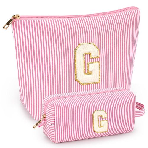 2 PCS Initial Makeup Bags for Women: Cosmetic Bag for Travel Toiletry - Birthday Gifts for 11 12 13 14 15 16 17 18 Years Old Girl Graduation Teacher Gift- Teen Girl Gifts Trendy Stuff - Pink G