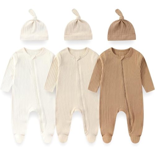 Unisex Newborn Baby Long Sleeve Romper 3-Pack with Matching Hats Solid Color Outfits