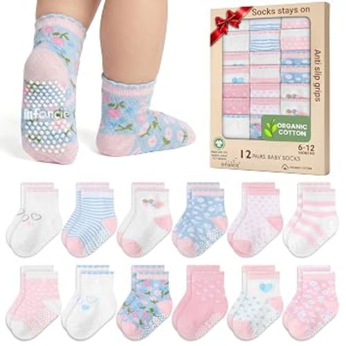 GOTS Organic Cotton Blend 12 Baby Newborn Socks 0-6 M Girl Non Slip Gift | Oeko-Tex Certified, Baby Socks, 12 Pairs, Baby Girl Socks, Baby Girl Socks, Pink, For Baby Girls, 0-6 Months, Baby Socks