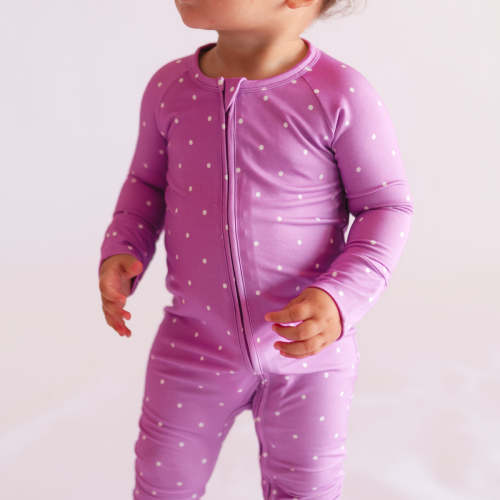 Infant Romper in Neon Purple Polka Dot