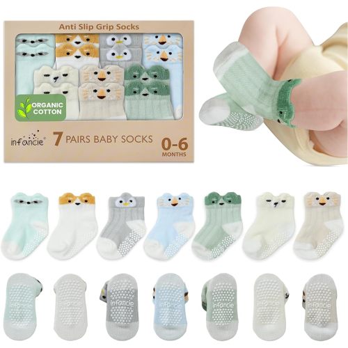 Organic Baby Socks – 7 Pairs of Soft Infant Socks for Newborn Boys & Girls (0-6 Months) – Breathable, Cute Animal Design