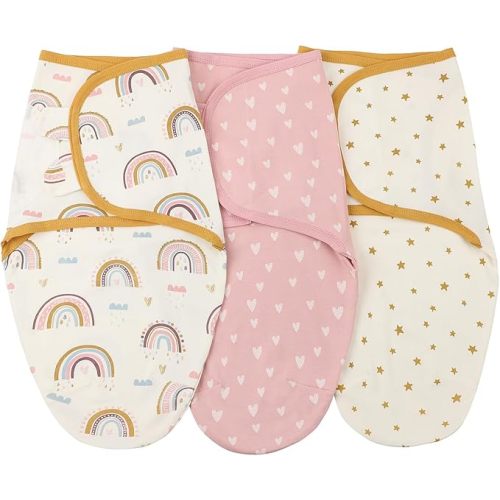 insular Baby Swaddle Wrap, Swaddle Blanket for Newborn and Infant, Adjustable Swaddling Set for Boy and Girl, Soft Cotton Baby Sleep Sack 3 Pack, Rainbow&Pink Love, Medium(3-6 Month)