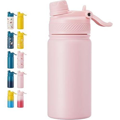 Fijinhom 12 oz Kids Water Bottle, 2-in-1 Stainless Steel Vacuum Insulated Water Bottle for Toddler, Leak Proof Spout & Straw, Double Wall Thermal Flask for Boys&Girls, School, Outdoor, Travel (Pink)