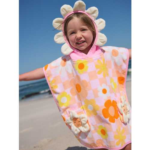 Pink/Orange Checkerboard Floral Towelling Poncho (9mths-10yrs)