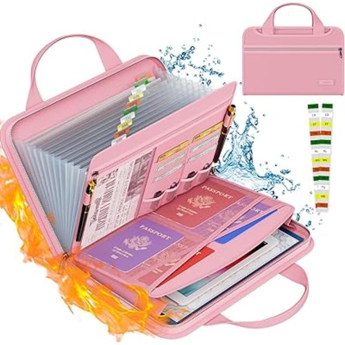 Tamfile Fireproof Accordion File Organizer with Handle, 13 Pocket Expanding File Folder with Zipper & Labels, File Folder with Multi-Pockets Paper Organizer Folder for Letter A4 Files, Pink