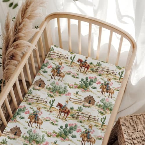 Vintage Western Cowgirl Cactus Boho Floral Fitted Baby Crib Sheet for Boys Girls 28x52 Inch Breathable Retro Horse Barn Farm Baby Sheet for Standard Crib and Toddler Mattress Nursery