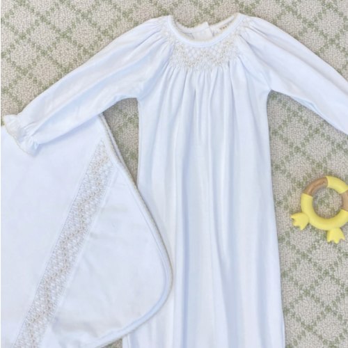 Sweetly Smocked Greeting Gown (Unisex) - Worth Avenue White with Palme