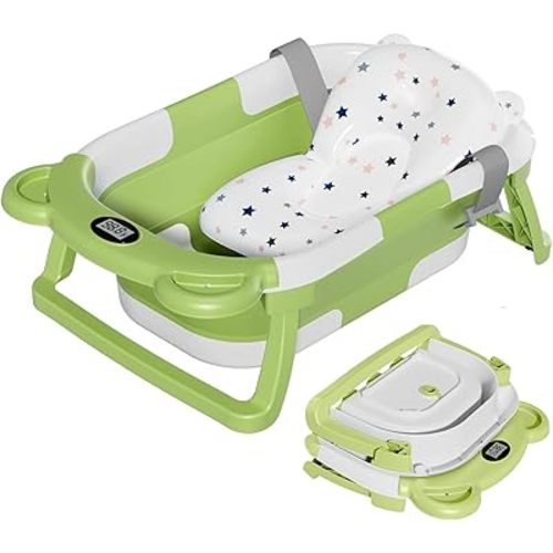 TPN Collapsible Baby Bathtub, Baby Bath Tub with Soft Cushion & Real-Time Thermometer, Baby Bathtub Infant to Toddler Tub (0-36 Months), Portable Newborn Travel Bath tub