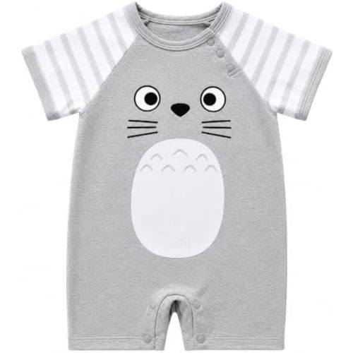 stylesilove Unisex Baby Cotton Onesie - Short Sleeve Outfit with Cute Graphics, Striped Sleeves, 3-24 Months
