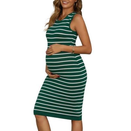 INSPIRE CHIC Women's Striped Maternity Dress Summer Bodycon Ribbed Knit Sleeveless Baby Shower Pregnancy Tank Dresses Medium Green