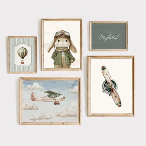 Vintage Pilot Bunny Prints, Set of 5, Boy Sage Green Nursery Gallery Wall, Vintage Airplane Print, Travel Boy Nursery, Boy Playroom Prints